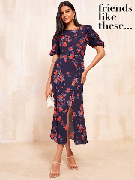 Friends Like These Navy Blue Ruched Short Sleeve Midi Dress (E80020) | €34