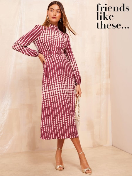 Friends Like These Red Geo High Neck Long Sleeve Midi Dress with Bow Detailing (E80033) | 142 QAR