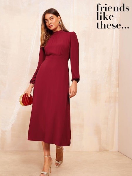Friends Like These Red High Neck Long Sleeve Midi Dress with Bow Detailing (E80034) | € 50