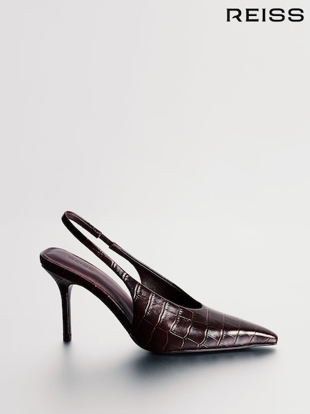 Burgundy - Reiss Connie Leather Croc-effect Slingback Mid-heel Court Shoes
