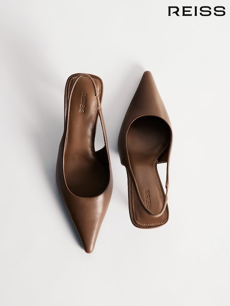 Tan - Reiss Camilla Leather Slingback Mid-heel Court Shoes