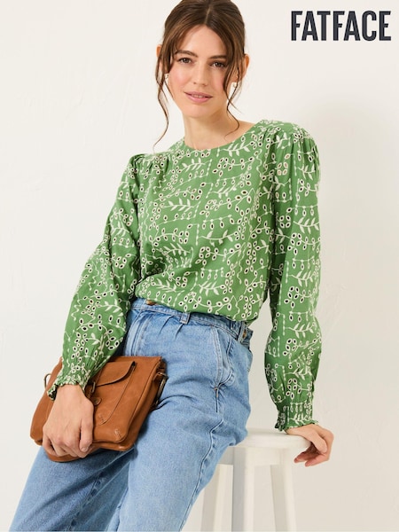 FatFace Light Green Jili 100% Cotton Embroidered Blouse (E80125) | €73