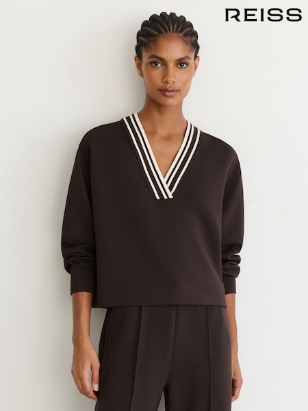 Chocolate Brown - Reiss Verity Premium Interlock Tipped Cropped Sweatshirt