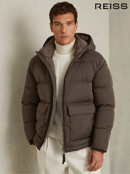 Reiss Brown/Stone Cranum Quilted Shell Puffer Down Jacket (E80205) | ₪2,172