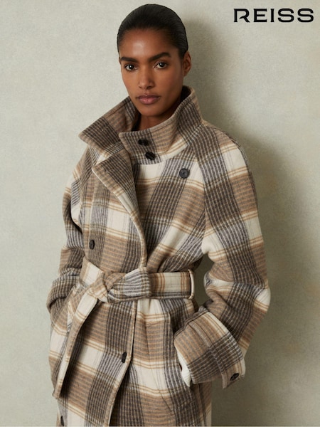 Reiss Neutral Check Piper Wool Blend Check Double Breasted Coat (E80207) | €577