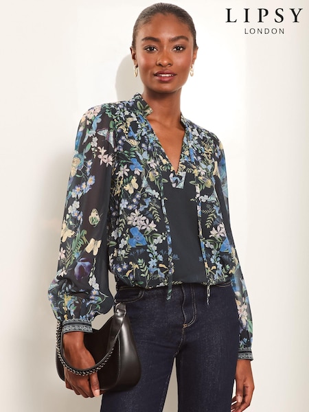 Lipsy Blue Leopard Print Long Sleeve Blouse (E80278) | €31