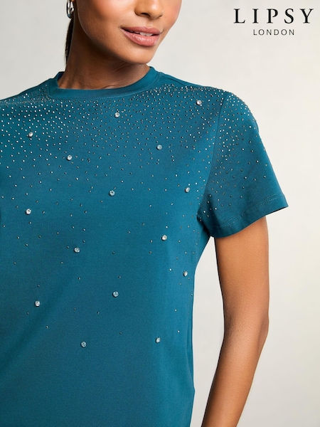 Lipsy Teal Blue Hotfix Embellished T-Shirt (E80287) | €18