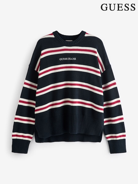 Guess Jeans Navy Stripe Logo Knit 100% Cotton Jumper (E80740) | kr1 071