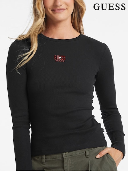 Guess Jeans Black Embroidered Logo Long Sleeve 100% Cotton T-Shirt (E80819) | €21.50