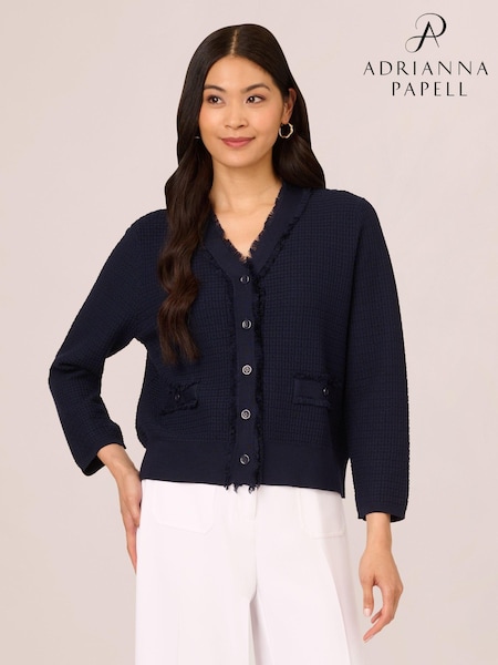 Adrianna Papell Blue Knit Frayed Waffle Crop Cardigan Sweater (E80933) | 391 QAR