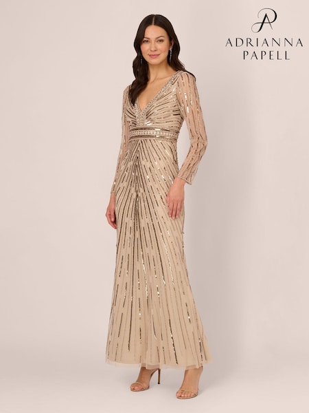 Adrianna Papell Natural Beaded Long Dress (E80936) | 1,249 LEI