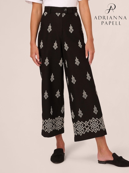 Adrianna Papell All-Over 100% Cotton Embroidered Wide Leg Black Trousers With Back Pockets (E80937) | €39