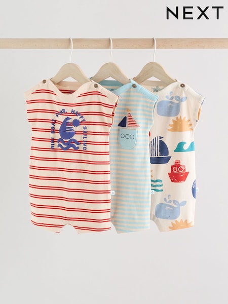Blue/White Baby 100% Cotton Rompers 3 Pack (E81378) | €22 - €28