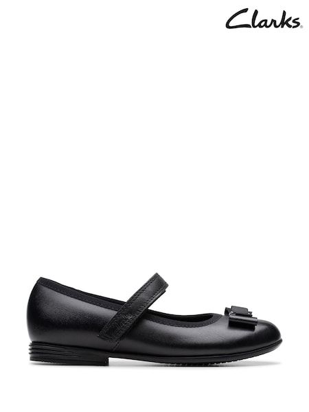 Clarks Black Standard Fit (F) Finja Tap Mary Jane Bow Leather Shoes (E81636) | €53 - €56
