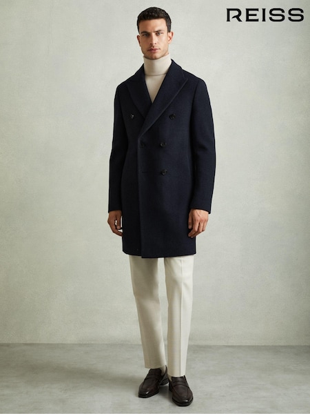 Reiss Navy Herringbone Cliff Wool Blend Herringbone Twill Overcoat (E81704) | €505