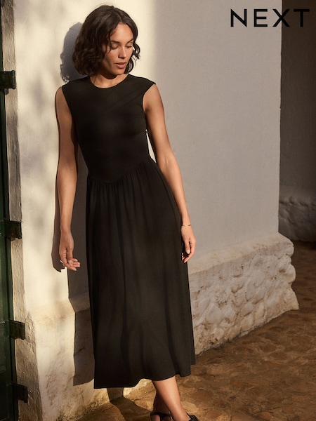 שחור - Ribbed Cap Sleeve T Dress (E81980) | ‏107‏₪