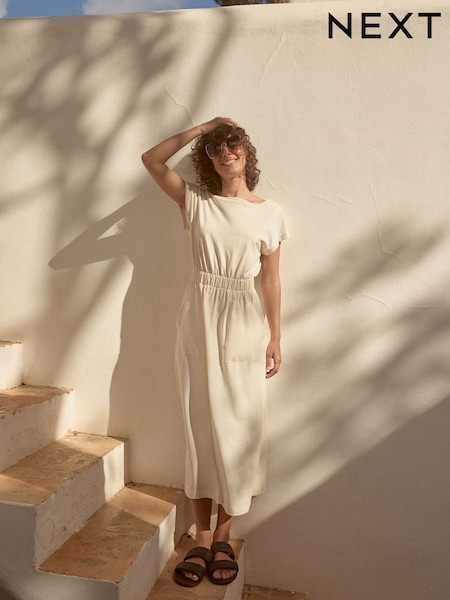 Cream 100% Cotton Summer Midi T-Shirt Dress (E81992) | $36