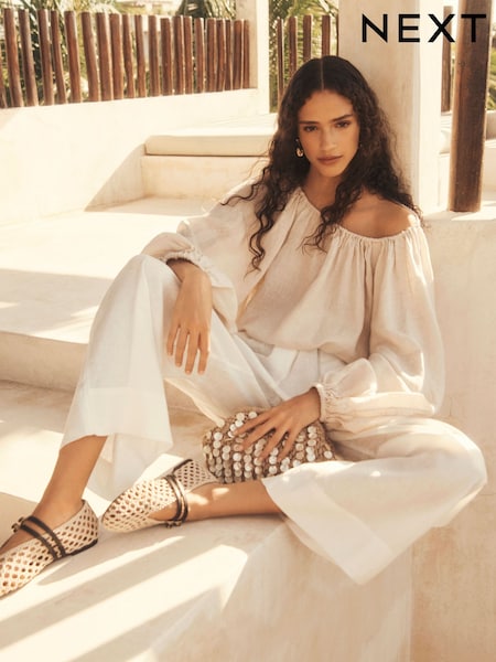 White Premium 100% Linen Wide Leg Trousers (E81994) | AED206