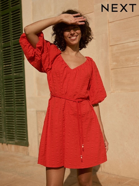 Red Puff Sleeve 100% Cotton Mini Dress (E81997) | €45