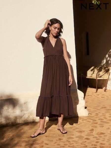 Choklad Brun - Tiered Jersey 100% Cotton Maxi Dress (E81998) | kr470