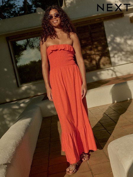 Punainen - 100% Cotton Bandeau Frill Summer Midi Dress (E82004) | €39