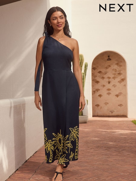 Marineblau/Gelb - One Shoulder Wrap Maxi Dress (E82005) | 107 €
