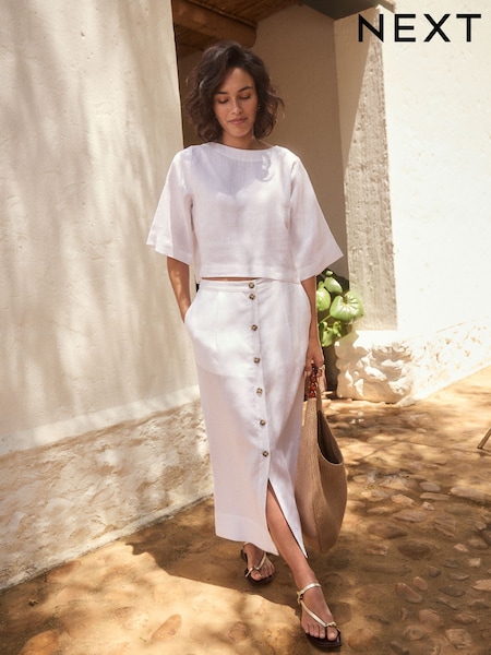 White Premium 100% Linen Button Down Pencil Skirt (E82012) | INR 5,092