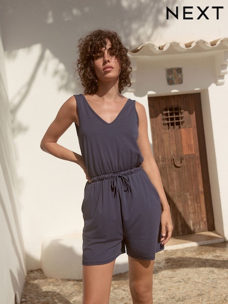 Azul marino - Jersey V-neck Playsuit (E82018) | 32 €