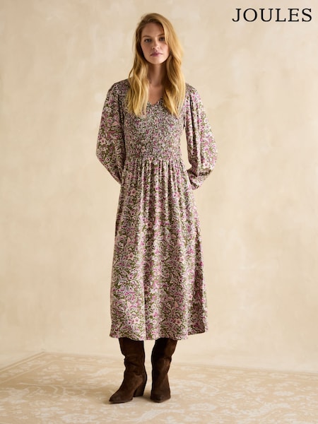 Joules Lilliana Pink/Green Shirred Dress (E82025) | R$ 585