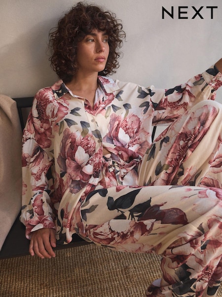 Ecru Floral Linen Blend Button Through Pyjamas (E82066) | €50