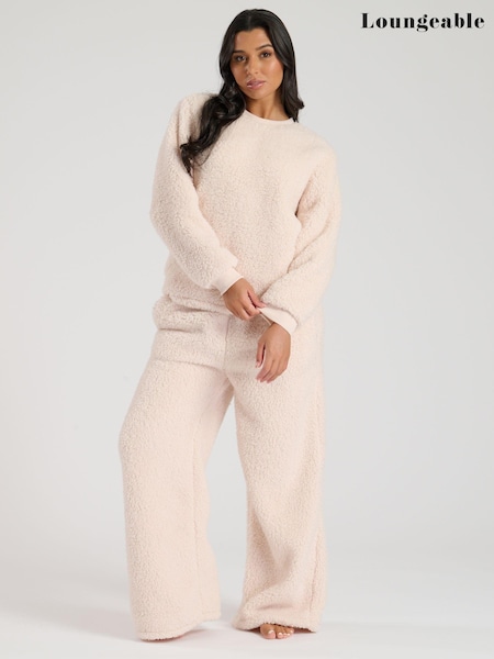 Loungeable Cream Borg Jumper and Wide Leg Lounge Set (E82117) | ₪161