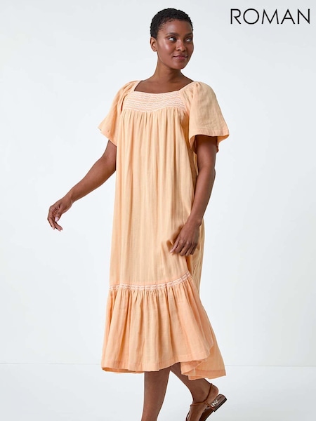Roman Orange Embroidered 100% Cotton Midi Smock Dress (E82141) | R$ 510