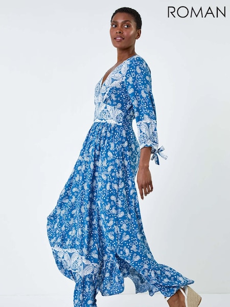Roman Blue Paisley Print Frill Hem Maxi Dress (E82144) | 247 QAR