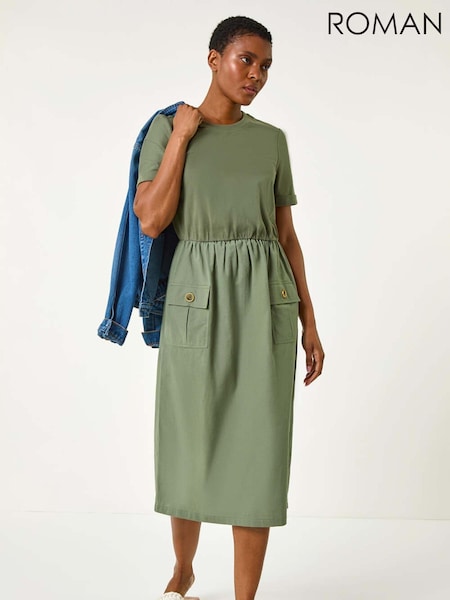 Roman Green 100% Cotton Utility T-Shirt Midi Dress (E82152) | €26