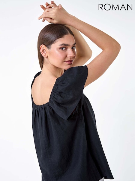 Roman Frill Detail Linen Blend Bardot Top (E82154) | 166 LEI