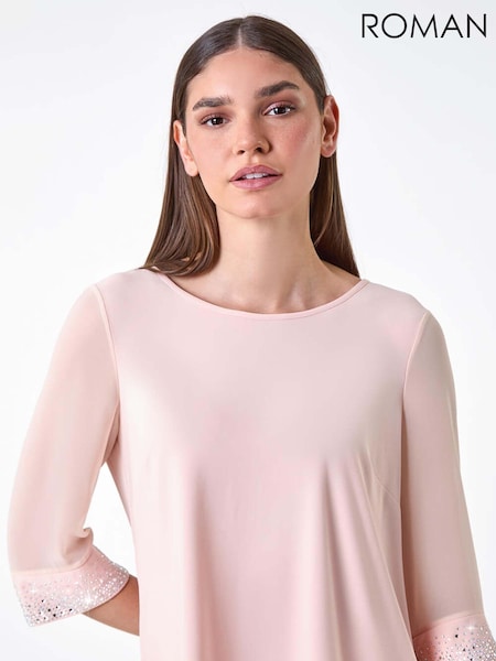 Roman Pink Sparkle Embellished Cuff Chiffon Top (E82157) | €27