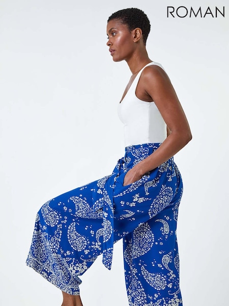 Roman Blue Paisley Print Wide Leg Cropped Trousers (E82163) | AED116