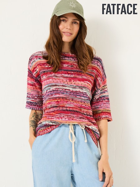 FatFace Pink Magda Knitted Pointelle 100% Cotton T-Shirt (E82259) | €69