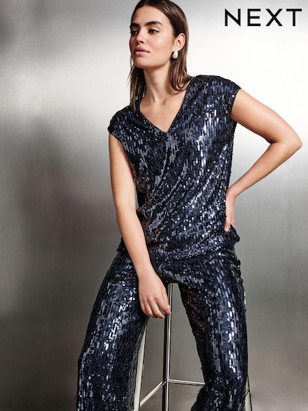 Navy Sequin V-Neck Sleeveless Top (E82282) | €14