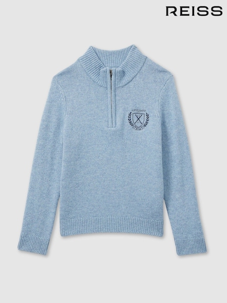 Reiss Soft Blue Melange Mathieu 13-14 yrs Embroidered Quarter Zip Jumper with Cashmere Wool and Cotton (E82375) | $90