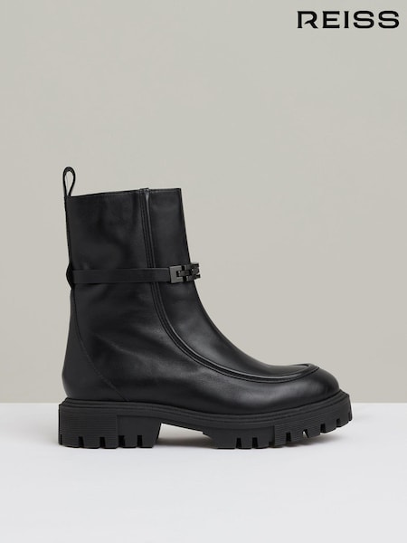 Reiss Black Safia Chain Embellished Ankle Boots (E82376) | €145