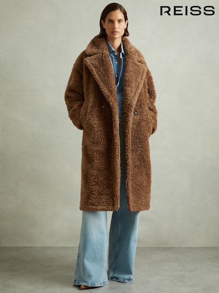 Reiss Brown Darla Petite Teddy Coat with Wool (E82407) | €258