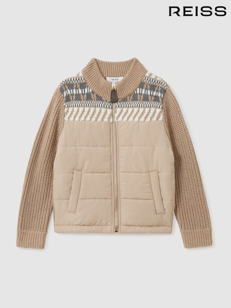Reiss Oatmeal Melange Kingsway 13-14 yrs Hybrid Knit and Quilt Funnel Neck Jacket (E82423) | €107