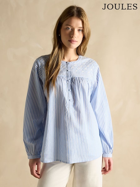 Joules Amelie Blue/White Embroidered Cotton Blouse (E82424) | R$ 640