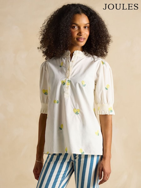 Joules Elle Cream Lemon Embroidered Frill Neck Cotton Blouse (E82432) | R$ 445