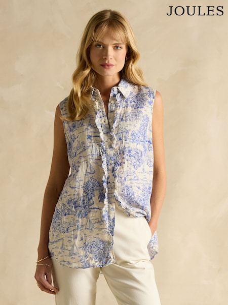 Joules Selene Blue/White Toile de Jouy 100% Linen Sleeveless Shirt (E82433) | 3,545 UAH