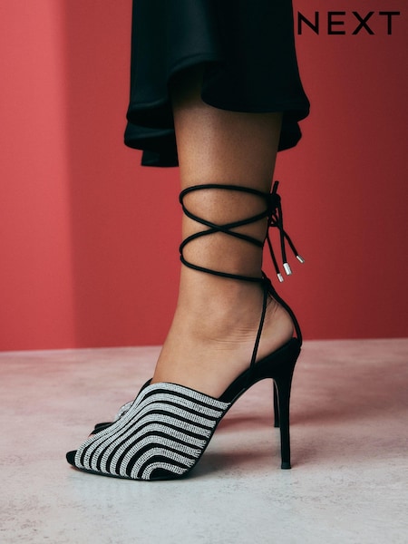 أسود - Forever Comfort® Jewel Point Peep Toe Wrap High Heel Sandals (E82559) | ‏144 د.إ.‏