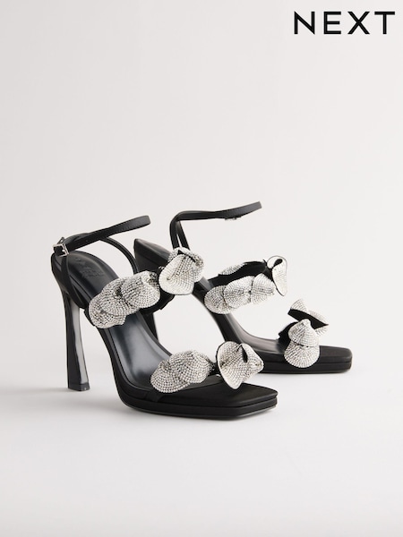 Black Forever Comfort® Jewel Petal Trim High Heel Sandals (E82563) | AED130