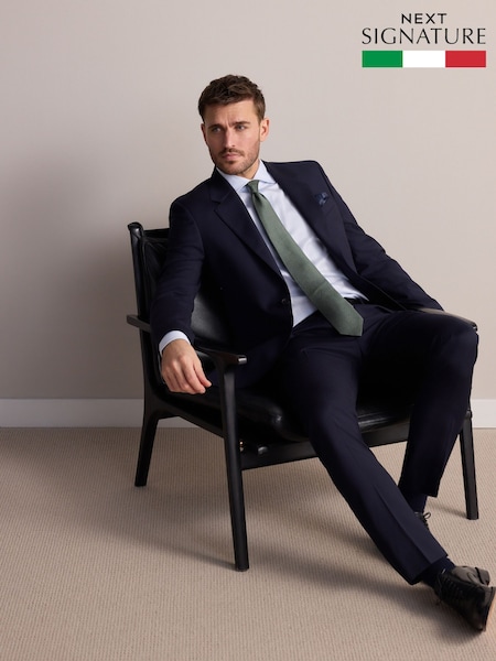 Navy Blue Slim Fit Signature Marzotto Italian Wool Fabric Suit Jacket (E82625) | 737 QAR