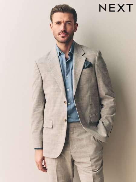 Neutral Slim Fit Tollegno Linen Blend Check Suit Jacket (E82652) | AED827